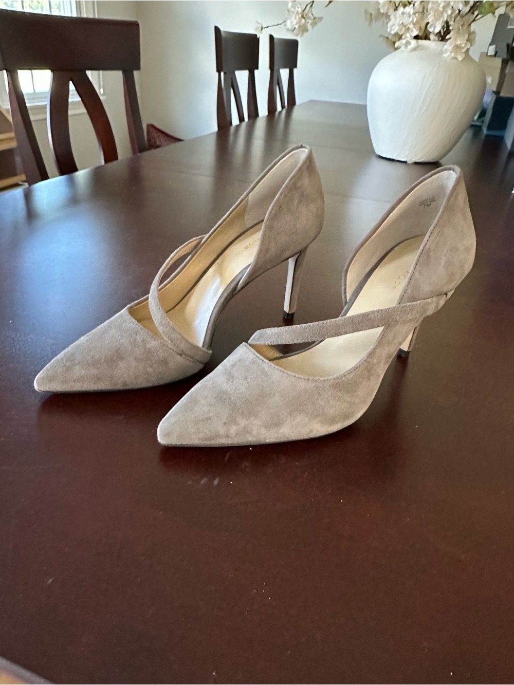 Ann Taylor Irene Grey Suede Pointed-Toe Cross-Strap Pumps